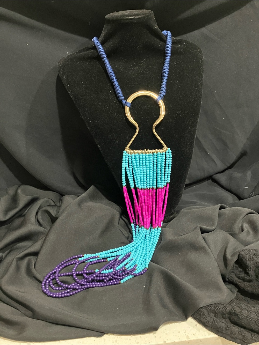Turquoise & Magenta Beaded Tassel Necklace with Gold Accent
